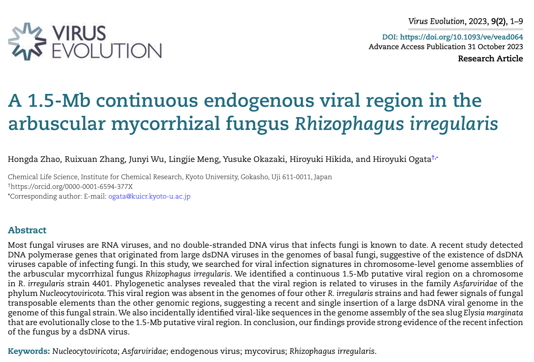 First page of the 2023 Virus Evolution research article, showing the journal masthead, title, author list, and abstract.